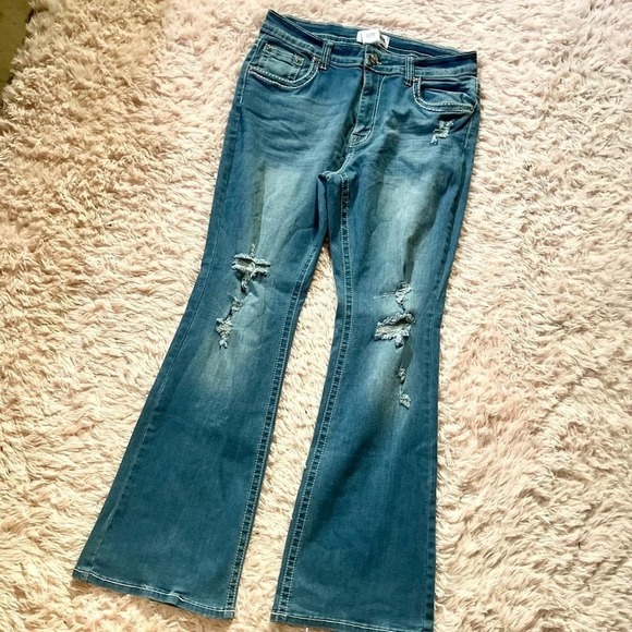 The Unbranded Brand Denim - Low Rise Y2K Flare Leg Retro Distressed Medium Wash Jeans Womens 18 Floral Patch